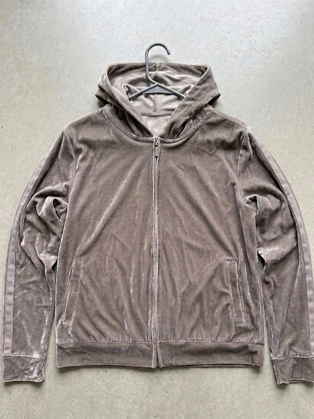 Y2K Velour Zip Up Hoodie Taupe Gray Velvet Full Zip Jacket Streetwear